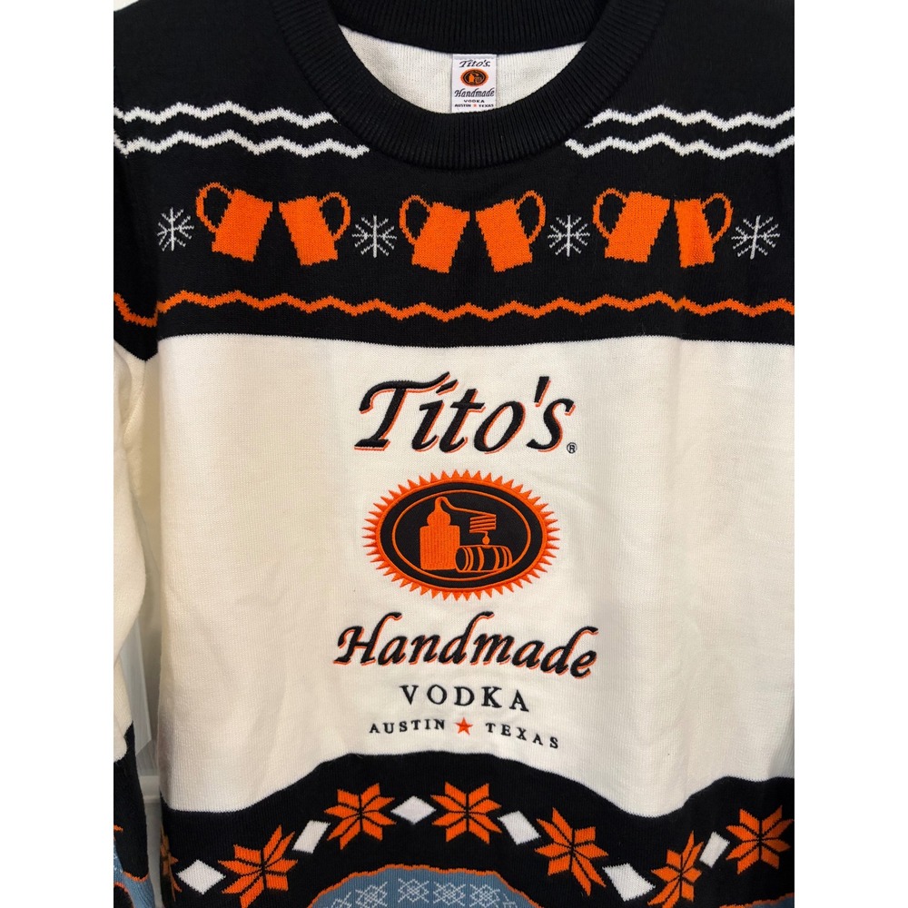 Men's Tito's Vodka Medium Crewneck Ugly Sweater White Orange Austin Texas EUC